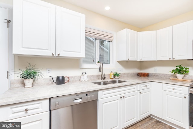 kitchen with sink, stainless steel dishwasher, and white cabinets