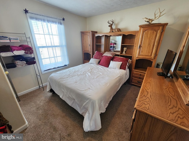 bedroom with dark colored carpet