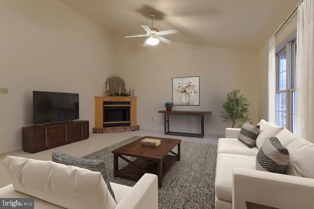 living room featuring vaulted ceiling, ceiling fan, and a fireplace