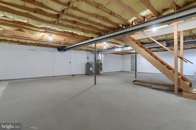 basement with electric water heater and heating unit