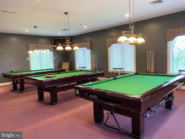 rec room with carpet and billiards