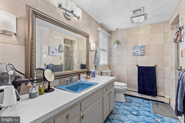 bathroom featuring baseboard heating, tile patterned flooring, tile walls, and an enclosed shower