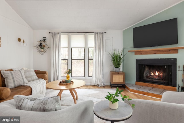 living room featuring vaulted ceiling and wood-type flooring