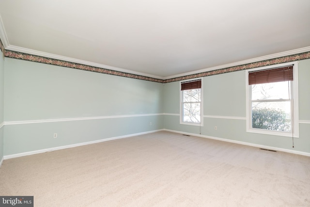 empty room with crown molding and carpet floors