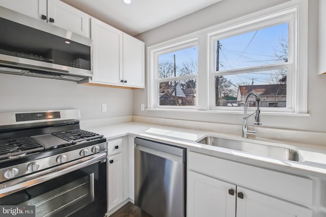 kitchen with stainless steel appliances, white cabinets, and a sink