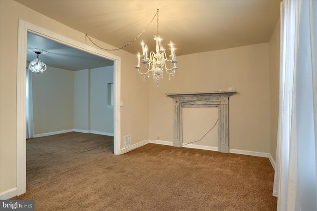 unfurnished dining area with carpet and a notable chandelier