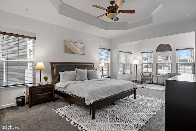 carpeted bedroom with ceiling fan, multiple windows, and a raised ceiling