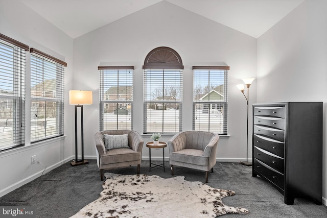 sitting room with dark carpet, a healthy amount of sunlight, and high vaulted ceiling