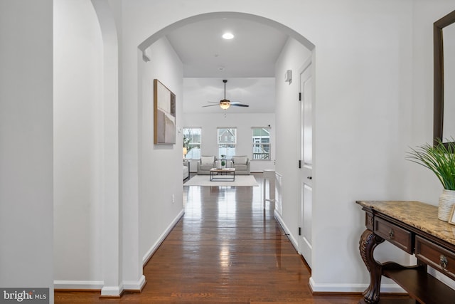 hallway with dark hardwood / wood-style floors