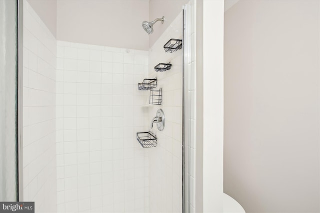 room details featuring toilet and a shower stall