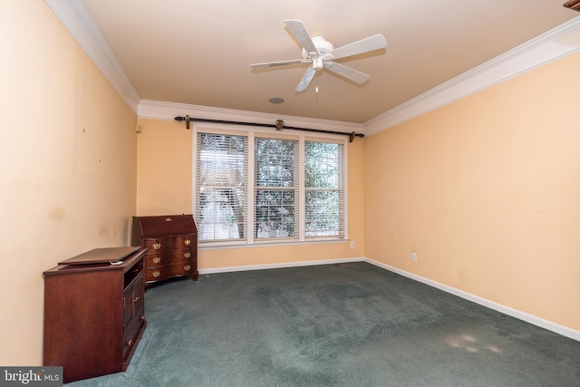 unfurnished room featuring ceiling fan, crown molding, and dark carpet