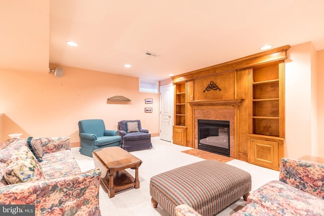 living room with light colored carpet