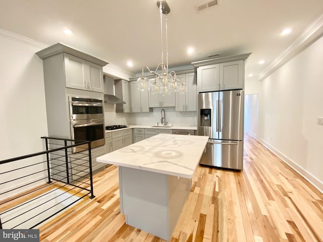 kitchen with decorative light fixtures, appliances with stainless steel finishes, and gray cabinets