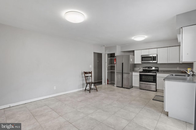 kitchen featuring light tile patterned floors, sink, white cabinets, and appliances with stainless steel finishes