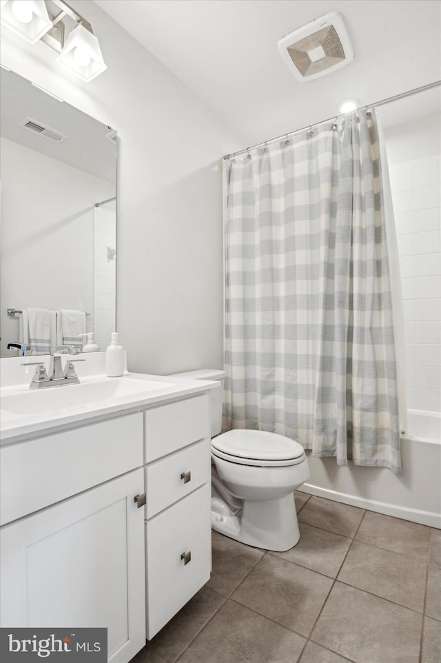 full bathroom featuring shower / bath combination with curtain, vanity, toilet, and tile patterned flooring