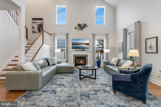 living room featuring wood-type flooring and a high ceiling