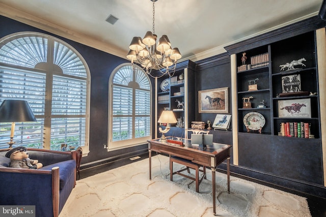 office space with crown molding and a notable chandelier