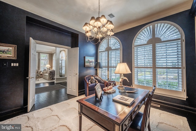 office space with crown molding, dark wood-type flooring, and a chandelier