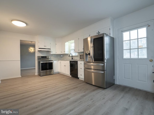 kitchen with white cabinets, appliances with stainless steel finishes, light hardwood / wood-style floors, sink, and backsplash