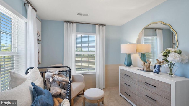 sitting room with light colored carpet