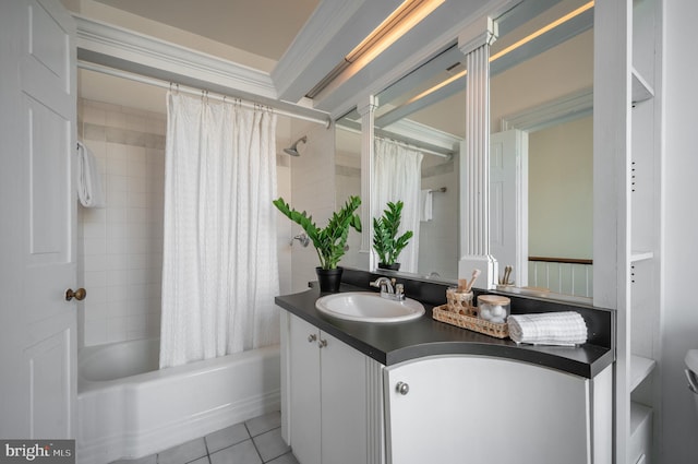 full bathroom with tile patterned flooring, ornamental molding, shower / bath combination with curtain, and vanity