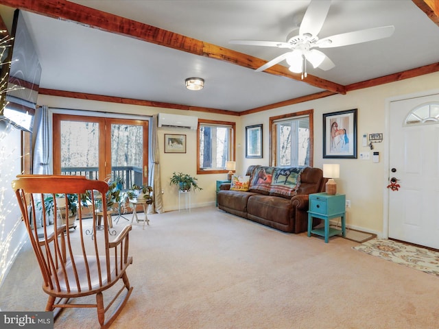 living room with carpet, a healthy amount of sunlight, a wall mounted AC, and beam ceiling