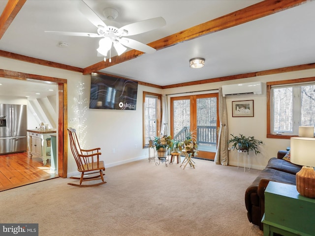 living area featuring beamed ceiling, ceiling fan, carpet, and an AC wall unit