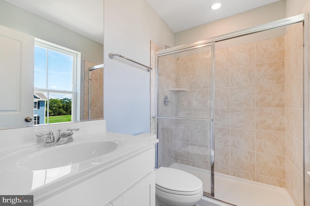 bathroom with an enclosed shower, vanity, and toilet