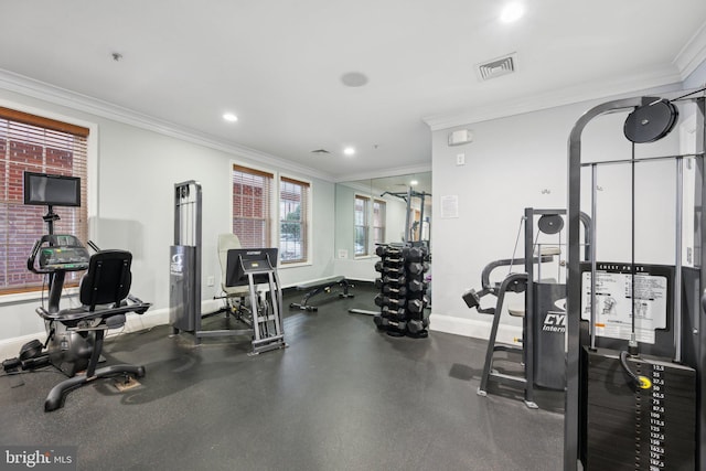 workout area with ornamental molding