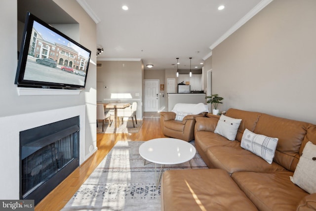 living room featuring ornamental molding and light hardwood / wood-style floors