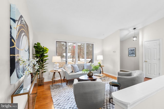 living room with wood-type flooring and vaulted ceiling