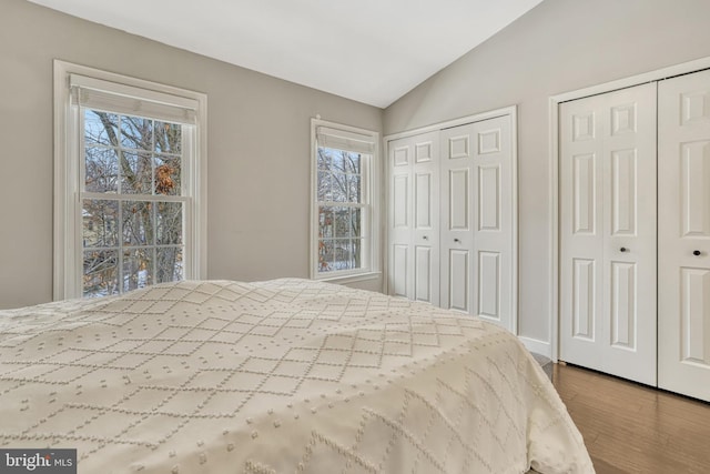 bedroom featuring multiple closets, vaulted ceiling, multiple windows, and wood-type flooring