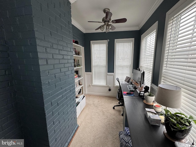 office featuring ornamental molding, light colored carpet, and ceiling fan