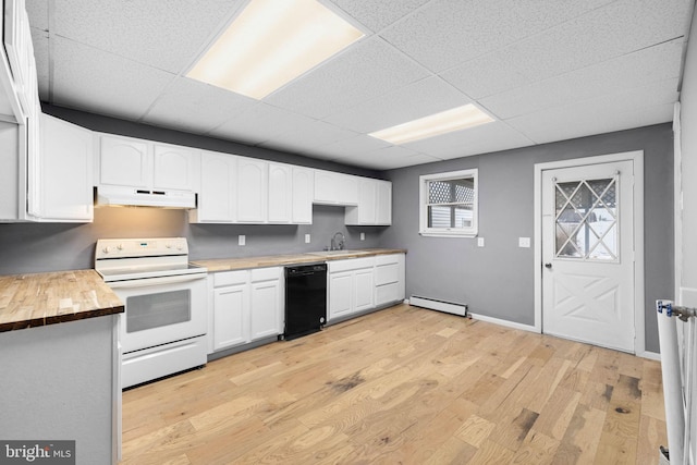 kitchen featuring wood counters, dishwasher, white cabinets, light hardwood / wood-style flooring, and white range with electric cooktop