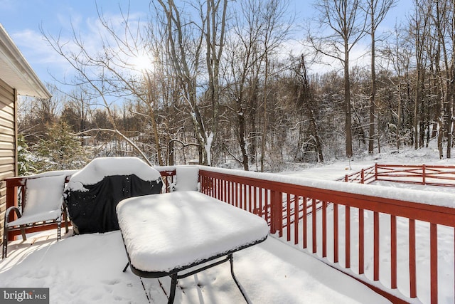 snow covered deck featuring area for grilling