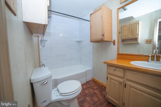 full bathroom featuring toilet, shower / bathtub combination, vanity, and parquet flooring