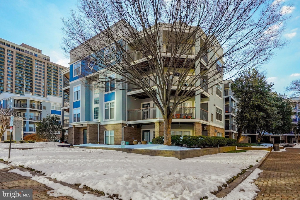 view of snow covered building