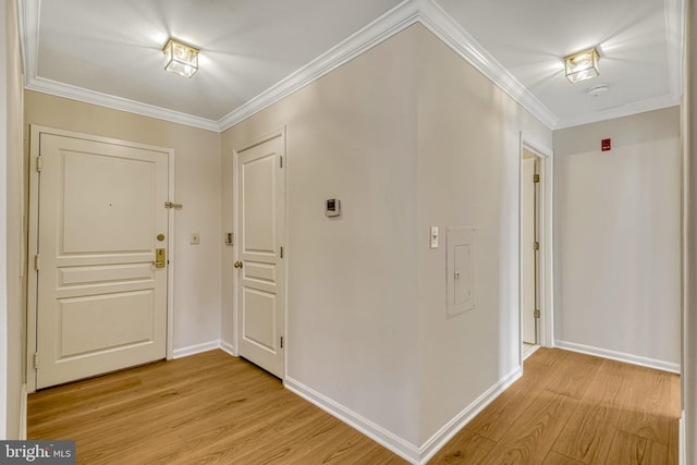 foyer entrance with ornamental molding and light hardwood / wood-style flooring