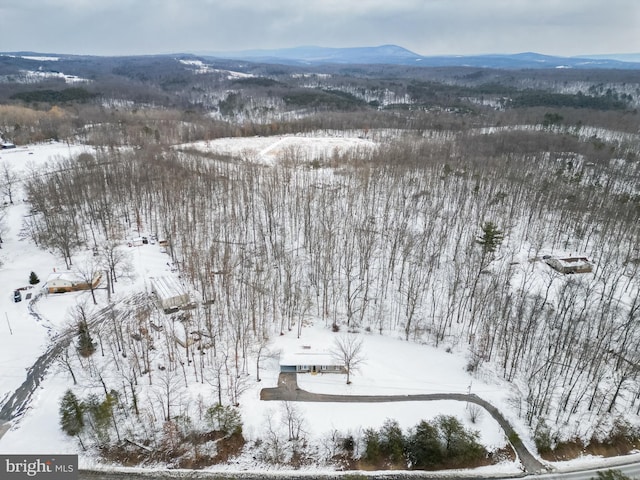 snowy aerial view with a mountain view