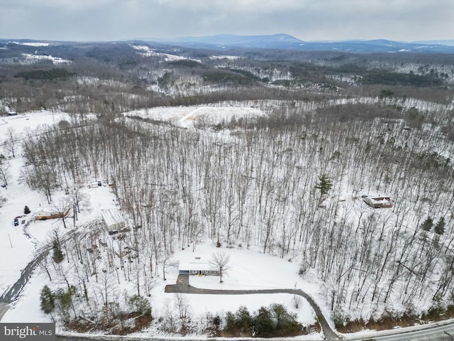 snowy aerial view featuring a mountain view