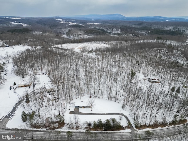 snowy aerial view featuring a mountain view