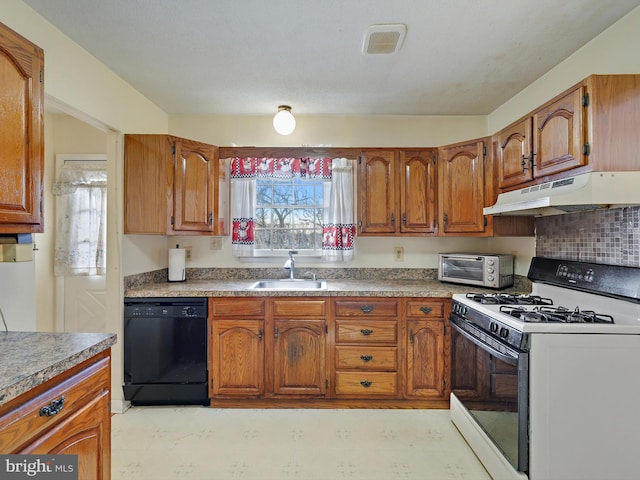 kitchen featuring dishwasher, sink, and white range with gas cooktop