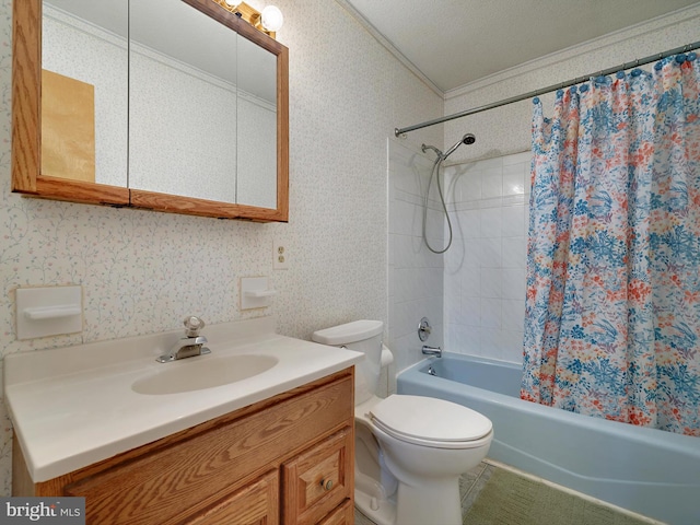 full bathroom with toilet, ornamental molding, vanity, and shower / tub combo with curtain