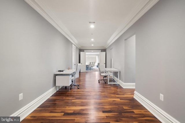 hall featuring dark hardwood / wood-style flooring and ornamental molding