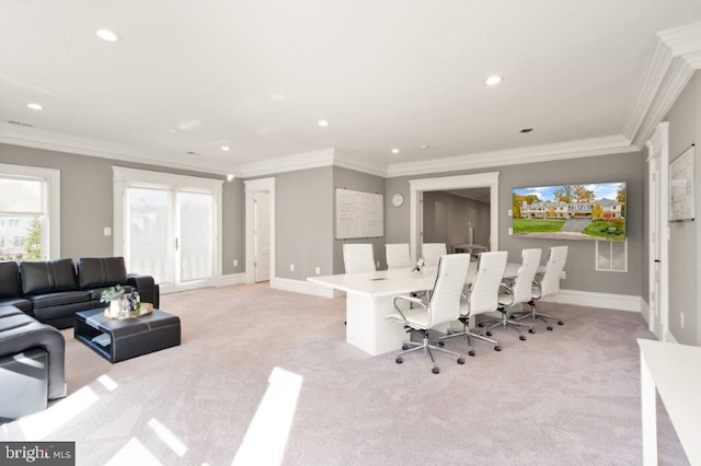 carpeted office space with crown molding