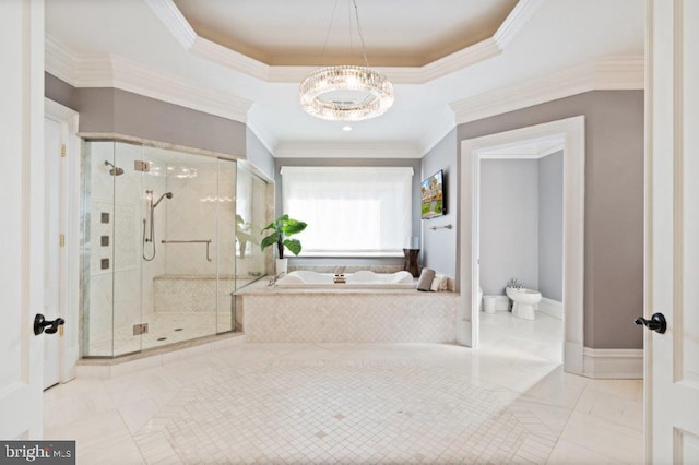 bathroom with a tray ceiling, a notable chandelier, a bidet, ornamental molding, and shower with separate bathtub