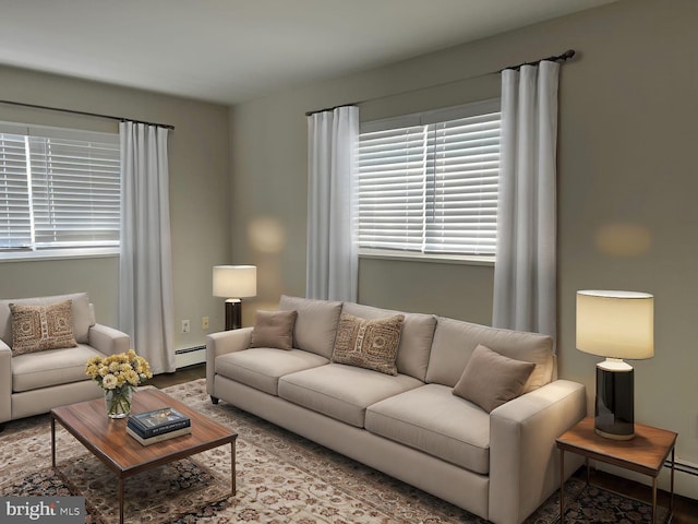 living room featuring a baseboard heating unit