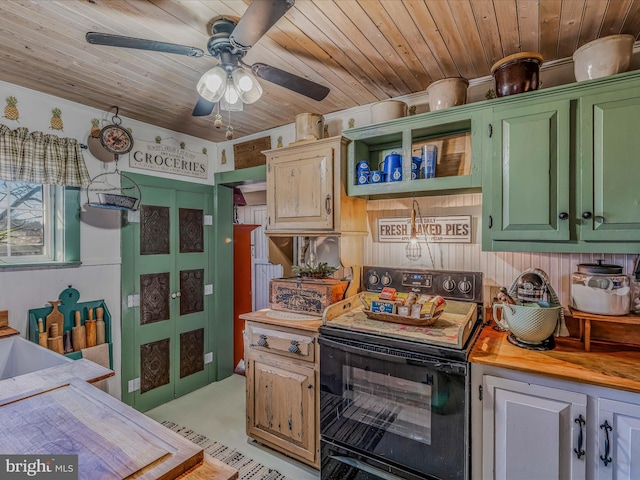 kitchen featuring butcher block countertops, wooden ceiling, ceiling fan, and black / electric stove