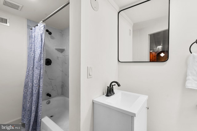 bathroom with vanity and shower / bathtub combination with curtain