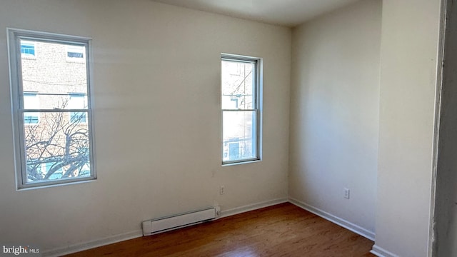 unfurnished room with hardwood / wood-style flooring and a baseboard radiator